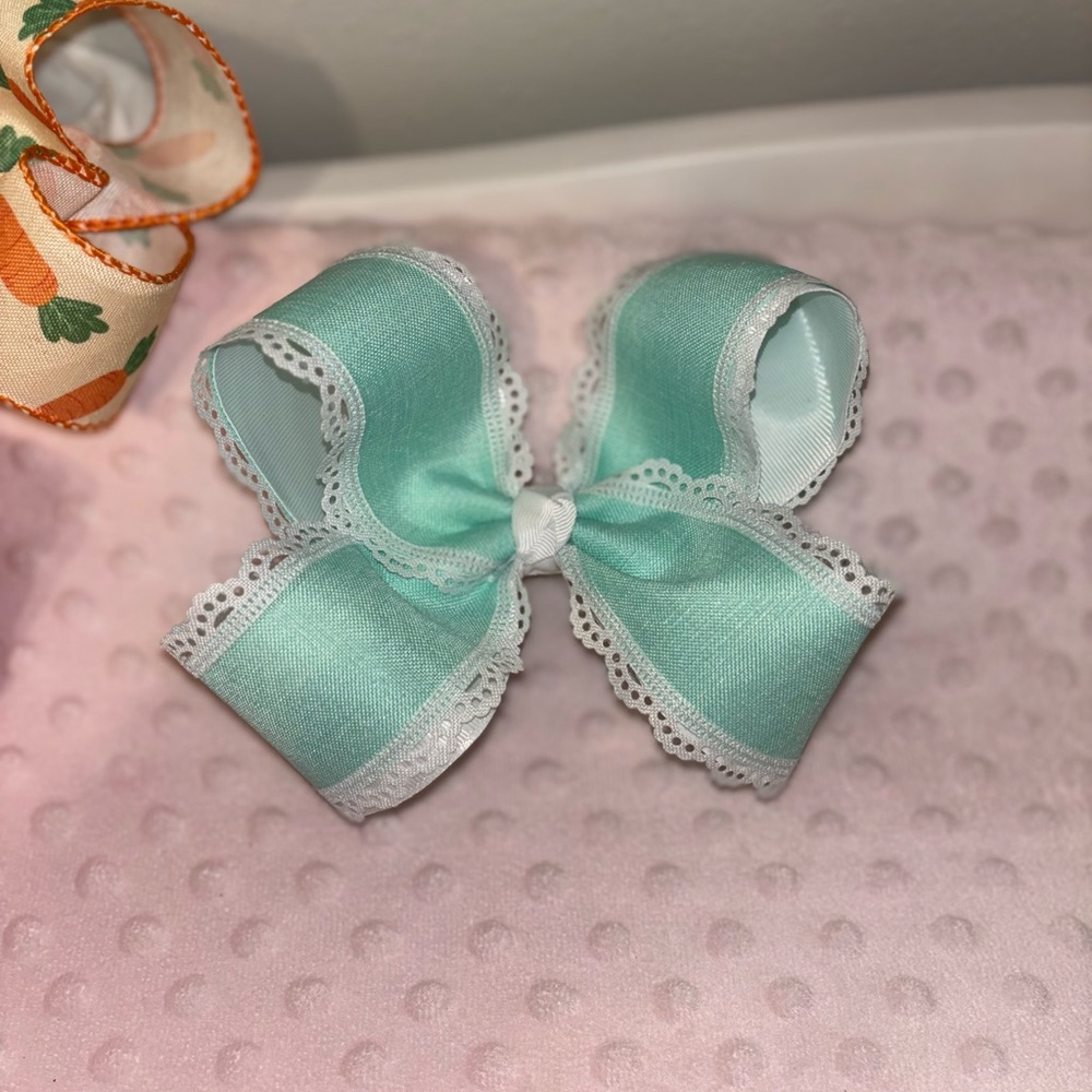 Mint Green Hair Bow with White Lace Trim